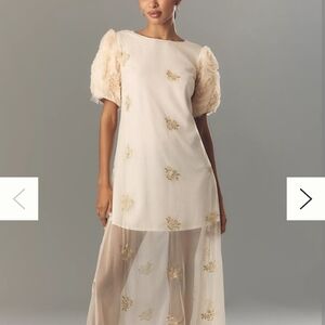 Anthropologie Cream Maxi Dress with Gold Embroidery